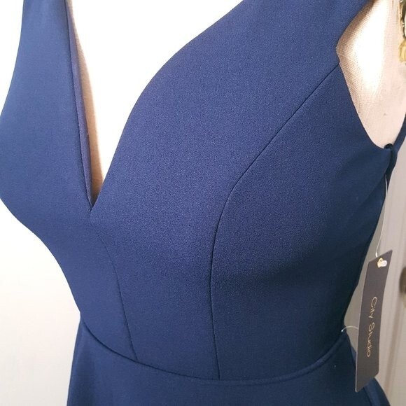 City Studio Navy Blue Deep V Neck Dress - Picture 5 of 8